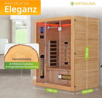 Artsauna Infrarotkabine Kiruna160 mit 6 Vollspektrum- & 3 Flächenstrahler, 3 Personen, 160x105x190 cm, LED Farblicht & Glastür, Infrarotsauna Sauna