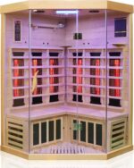 Dewello® Infrarotkabine Infrarotsauna Brandon 120cm x 120cm Dual-Therm für 1-2 Personen aus Hemlock Holz mit Vollspektrumstrahler, Bodenstrahler, LED-Farblicht, Bluetooth, FM,MP3,USB
