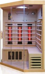 Dewello® Infrarotkabine Infrarotsauna Brandon 120cm x 120cm Dual-Therm für 1-2 Personen aus Hemlock Holz mit Vollspektrumstrahler, Bodenstrahler, LED-Farblicht, Bluetooth, FM,MP3,USB