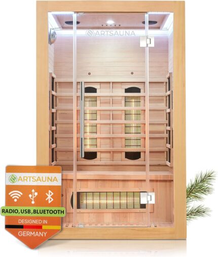 Artsauna Infrarotkabine Kiruna120 mit 5 Vollspektrum- & 3 Flächenstrahler, 2 Personen, 120 x 105 x 190 cm, LED Farblicht & Glastür, Infrarotsauna Sauna